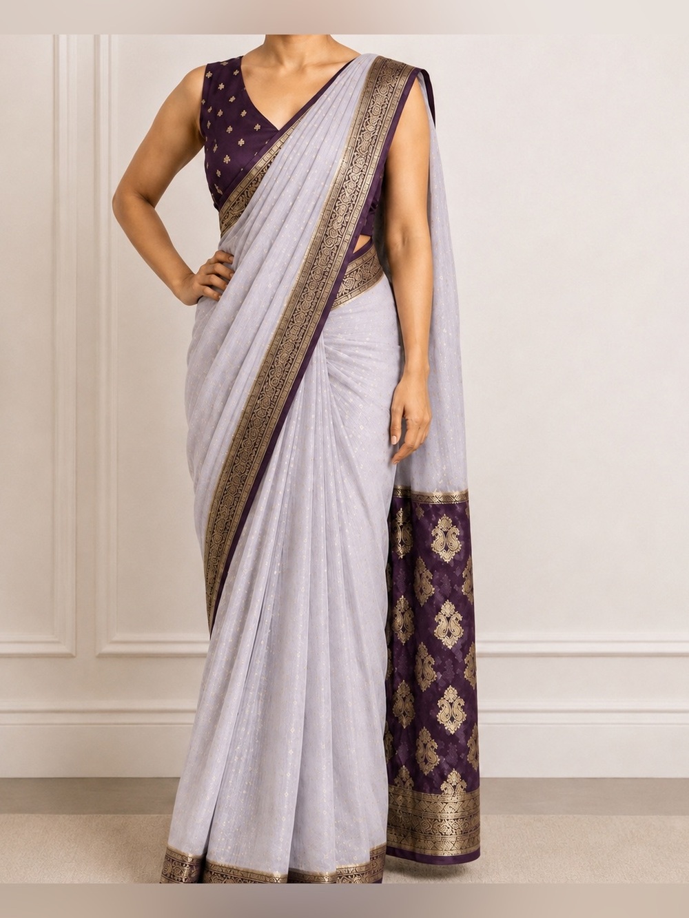 Lavender and Deep Purple Indian Saree with Gold Border
